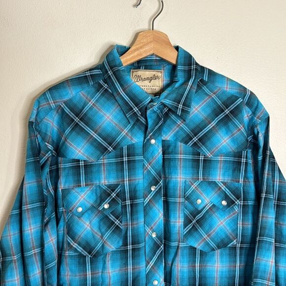Vtg wrangler western pearl snap plaid button down long sleeve shirt size XL - Picture 2 of 8